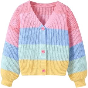 SHENHE Girl's Colorblock V Neck Button Down Long Sleeve Loose Knitted Cute Cardigan Sweater