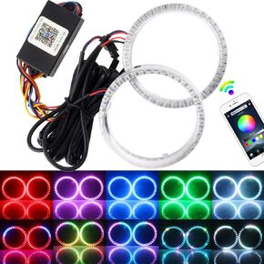 EverBrightt 1 مجموعة 80 مم عيون الملاك متعددة الألوان RGB LED حلقات هالة أضواء لمصباح السيارة أثناء النهار الجري الخفيف 5050 رقاقة حلقة دائرية مع تطبيق الهاتف المحمول بلوتوث التحكم DC 12V