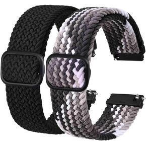 BISONSTRAP 2 Pack Braided Nylon Watch Bands, Upgrade Adjustable Buckle, Stretchy Loop Straps for Men and Women, Band Width 16mm 18mm 19mm 20mm 22mm 24mm