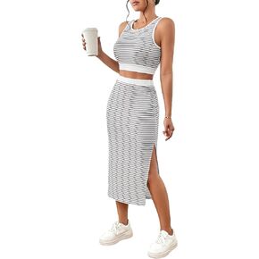 GORGLITTER Women's 2 Piece Summer Outfits Striped Print Sleeveless Crewneck Tank Crop Top and Midi Split Skirt Sets