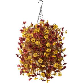 Artificial Faux Hanging Plants Flowers Basket for Fall Outdoor Decoration,Fake Silk Orange Mums planters UV Resistant Look Real for Home Porch Patio Balcony Yard Outside Autumn Decor (Orange Yellow)
