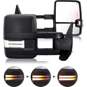 Switchback Towing Mirror for Silverado Sierra - Compatible with 2007-2013 Chevy Silverado GMC Sierra Tow Mirror with Power Adjusted Heated Glass Running Light Turn Signal Light Backup Lamp Black
