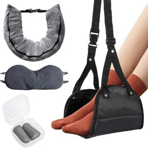 4Pack Airplane Foot Rest,Adjustable Memory Foam Foot Sling,Office Leg Rest for Adults, Stuffable Travel Pillow for Extra Luggage, Fits About 6 T-Shirts,Sleep Mask,Earplugs