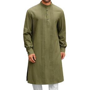 Runcati Mens Kaftan Robe Button Down Long Sleeve Cotton Linen Thobe Casual Muslim Gown Henley Shirt