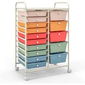 HOMGX Storage Cart with 15 Drawers, 15 Tier Multicolor Rolling Cart, File & Debris Storage Drawers on Lockable Wheels, Rolling Drawer Cart for Office/School/Home, Macaron
