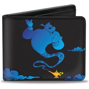 Buckle-Down Men's Disney Wallet, Bifold, Lamp Silhouette Pose Clouds Black Blues Gold, Vegan Leather, Aladdin Genie, 4.0" x 3.5"