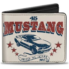 Buckle-Down Men's PU Bifold Wallet-Vintage Mustang 45 Years/United WE 'Stang Scroll Ivory/Navy/Red, Multicolor, 4.0" x 3.5"