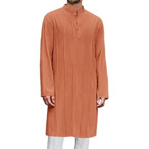 Runcati Mens Kaftan Thobe Button Down Henley Shirts Robe Long Sleeve Casual Cotton Pleated Muslim Gown Shirt