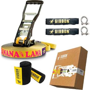 Gibbon BananaLama XL Slackline with TreeWear - Ultimate All Rounder Slack Line 82ft (2x 6.6ft Round Slings, 2 Shackles) Power Ratchet, 1.5" Line