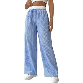 OYOANGLE Women's Striped Print High Waisted Long Pants Tie Front Straight Leg Casual Pants