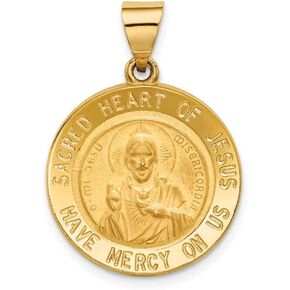 Solid 14k Yellow Gold Sacred Love Heart of Jesus Medal Round Pendant (26mm x 19mm)