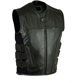 Men's Adjustable Sleeveless Leather Vest With Updated Tactical Swat Style Motorcycle Biker Jacket For Men- (M, Black)