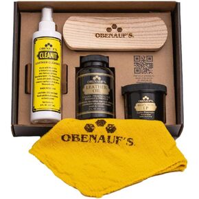 Obenauf's Leather Care Essentials Kit - 4oz Heavy Duty Leather Preservative - 8oz Leather Oil Leather Conditioner - 8oz Cleanit Leather Cleaner - Horsehair Brush - Cleaning Cloth