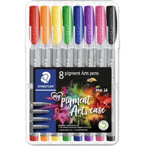 STAEDTLER 371 Pigment Brush Pens | Pigment Arts Adult Fibre-Tip Colouring Pen | Ideal for Calligraphy, Brush Lettering, Drawing, Illustrations (Wallet of 8, Essential Set)