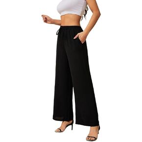 Women High Waist Wide Leg Trendy Pants with Pockets for Business Work Casual Vacation Beach Drawstring Trousers