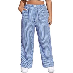 OYOANGLE Women's Plus Size Striped Print High Elastic Waisted Pants Y2K Straight Leg Casual Lounge Beach Pants