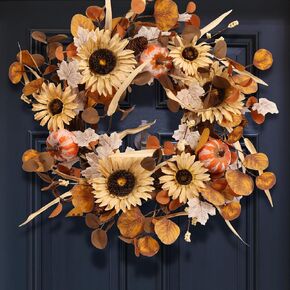 Fall/Autumn Wreath with Artifical Sunflowers, Pumpkins, and Eucalyptus/Maple Leaves 22 in - Perfect for Front Door, Porch, Living Room, for Thanksgiving Harvest Festival Celebration