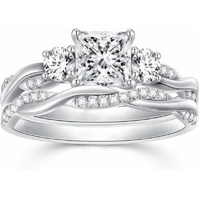 Princess Cut Wedding Ring Sets for Women White Gold, 1-1/2 Carat(ctw) Moissanite Bridal Sets Platinum Plated Silver Engagement Ring Set Twisting Infinity Pave Set