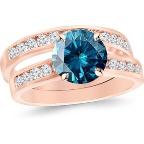1 to 3 Carat Blue Diamond Classic Channel Set Wedding Set Bridal Band & Diamond Engagement Ring with a 1 Carat Blue Diamond Heirloom Quality Center
