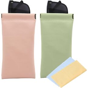Sunglass Case, Soft Eyeglass Cases for Women Portable Squeeze Top Leather Glasses Pouch (2 Cases +2 Cloths)