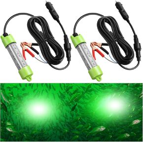 2 Pcs 12V Green IP68 Waterproof Aluminum Bright LED Fish Bait Submersible Night Fishing Lights Underwater Glowing Fish Lure Bait Finder with Battery Clamp for Crappie