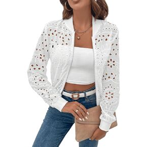 SweatyRocks Women's Long Sleeve Eyelet Embroidery Bomber Jacket Casual Hollow Out Zipper Up Overcoat