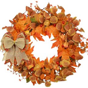 Fall Decor Fall Wreaths for Front Door Outside - 20 Inch Fall Wreath with Bow, Fall Eucalyptus Wreath with Maple Leaves Pumpkin Berries Fall Wreath for Home Outdoor Farmhouse Decor