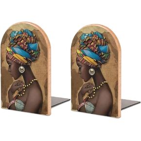 Afro African American Woman Pattern Wood Bookends Decorative Bookend Non-Skid Office Book Stand for Books Office Files Magazine, One Size