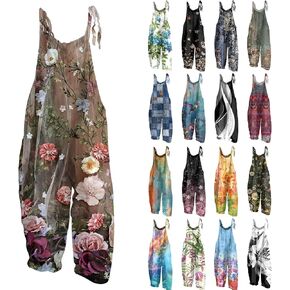 Jumpsuit for Women 2024 Dressy Floral Print Casual Loose Vintage Shoulder Strap Cotton Linen Jumpsuit Overalls