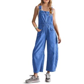 ReachMe Womens Casual Adjustable Bib Overalls Classic Wide Leg Jumpsuits Vintage Barrel Overall Baggy Pants with Pockets
