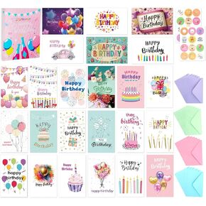 24-Pack Unique Happy Birthday Cards With Colored Envelopes,Stickers,4.15 x 6.5 inch assorted Birthday Themed Card For Adult,Kids,Friends’ Birthday Wishes with Gift Box in Saudi Arabia