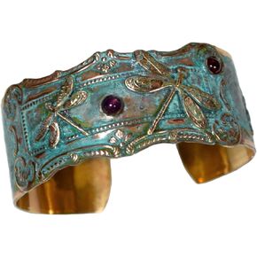 Verdigris Patina Brass Victorian Dragonflies Cuff - Amethyst and Garnet