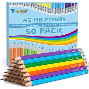 V-Opitos #2 Pencils, 50 Pack Pre-Sharpened Wood-Cased Pencils with Top Erasers, Bulk 2HB Pencils with Assorted Colors for School Teacher Supplies, Writing, Drawing and Sketching
