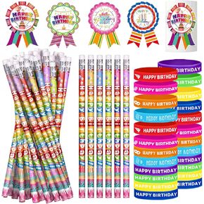 148 Pcs Birthday Pencils Set 24 Happy Birthday Pencils 24 Happy Birthday Rubber Bracelets 100 Happy Birthday Badge Stickers for Teacher Classroom Birthday Party Favors