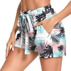 Women's Casual Floral Shorts Belted Elastic Waist Boho Shorts Loose Fit Wide Leg Shorts Printed Shorts with Pockets