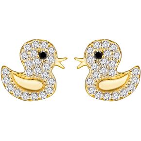 Cute CZ Duck 925 Sterling Silver Small Stud Earrings for Women Teen Girls Cartilage Sensitive Ear Dainty Gold Plated Animal Studs Hypoallergenic Fashion Jewelry Birthday Christmas Gift Daugther Bff
