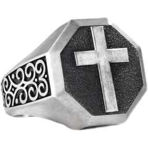 Cross Signet Mens Ring，S925 Sterling Silver Unique Faith Christian Ring Vintage Religious Cross Ring Silver Catholic Jewelry Gifts for Men Dad Boy Husband