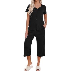 Ekouaer Women's Pajama Sets Short Sleeve Sleepwear Button Up Pj Loungewear Top and Capri Pants with Pockets