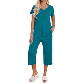 Ekouaer Women's Pajama Sets Short Sleeve Sleepwear Button Up Pj Loungewear Top and Capri Pants with Pockets