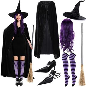 6 Pcs Halloween Witch Cosplay Costume Adult Cape Witch Hat Shoe Covers Witch Broomstick Curly Hair Wig Striped Tights