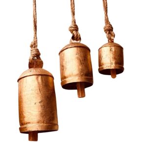 Decorative Christmas Bells Giant Set of 3 - Huge Vintage Harmony Cow Bells Country Rustic Bell on Jute Rope Hanging Golden Bells Lucky Charm (6"-8"-10")