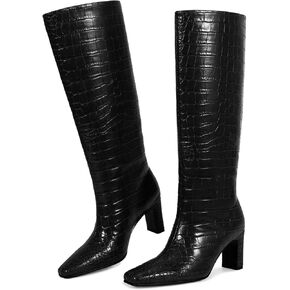wetkiss Knee High Boots for Women Chunky Heel Square Toe Long Boots Tall Boots Crocodile Boots Low Heel Comfortable Fashion boots