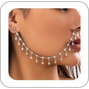 Nose Ring Chain Rhinestone Dangle Nose Ring Hoop with Chain to Ear Cuff Non Piercing Nose Ring Body Jewelry Indian Nose Rings for Women Girls