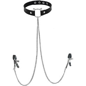 Sexy Fake Nipple Rings for Women PU Leather Choker Necklace Non Piercing Body Chain for Clothing Accessories Nipple Jewelry