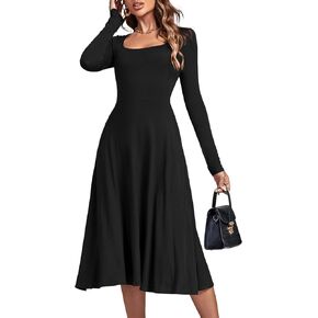 LYANER Women's Square Neck Long Sleeve Empire Waist A Line Flare Solid Midi Dress