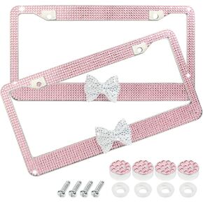 License Plate Frame,Cute Car Accessories Stainless Steel Crystal Car Plate Covers,Shiny Rhinestones Premium License Plate Holder with Mounting Bolts,License Plate Frames (White&Pink)