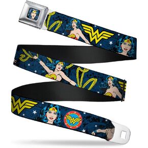 Buckle-Down Seatbelt Belt - Wonder Woman Face/Poses/Logos/Comic Scenes Blues/Yellow - 1.0" Wide - 20-36 Inches in Length