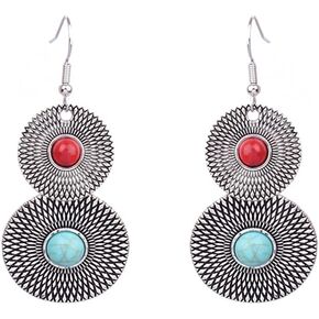 Turquoise Stone Waterdrop Boho Dangle Drop Earrings Bohemian National Style Double Circles Hook Earring Ball Beaded Teardrop Tassel Threader Statement Stud Earring Long Dangling Handmade Jewelry Gifts for Women Girls BFF