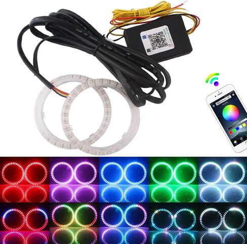 EverBrightt 1 مجموعة 80 مم عيون الملاك متعددة الألوان RGB LED حلقات هالة أضواء لمصباح السيارة أثناء النهار الجري الخفيف 5050 رقاقة حلقة دائرية مع تطبيق الهاتف المحمول بلوتوث التحكم DC 12V in Saudi Arabia