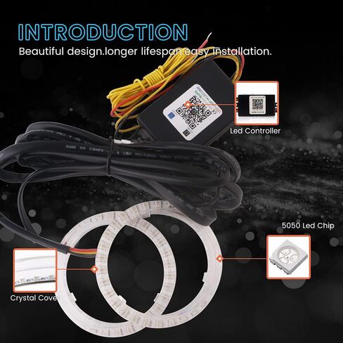 EverBrightt 1 مجموعة 80 مم عيون الملاك متعددة الألوان RGB LED حلقات هالة أضواء لمصباح السيارة أثناء النهار الجري الخفيف 5050 رقاقة حلقة دائرية مع تطبيق الهاتف المحمول بلوتوث التحكم DC 12V in Saudi Arabia